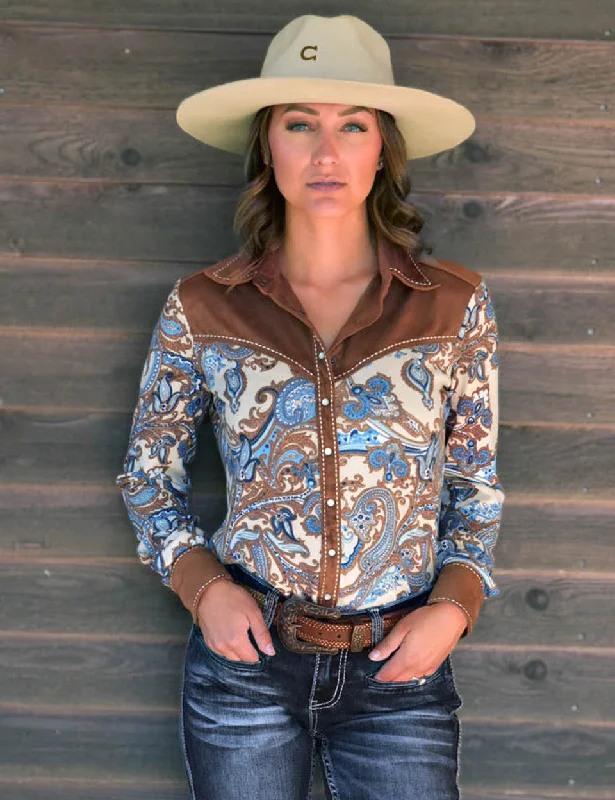Retro Fashion Classic Cowgirl Tuff Brown Paisley Pullover Shirt