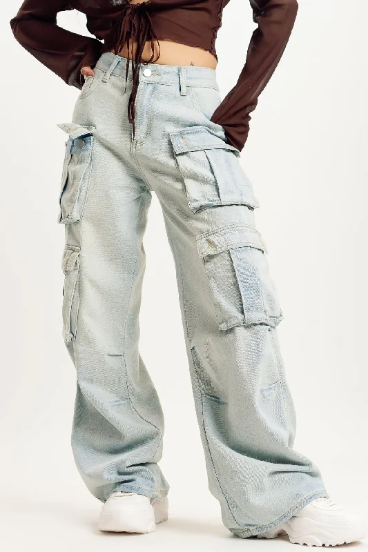 Knitted Design Light Blue Street Style Cargo Jeans