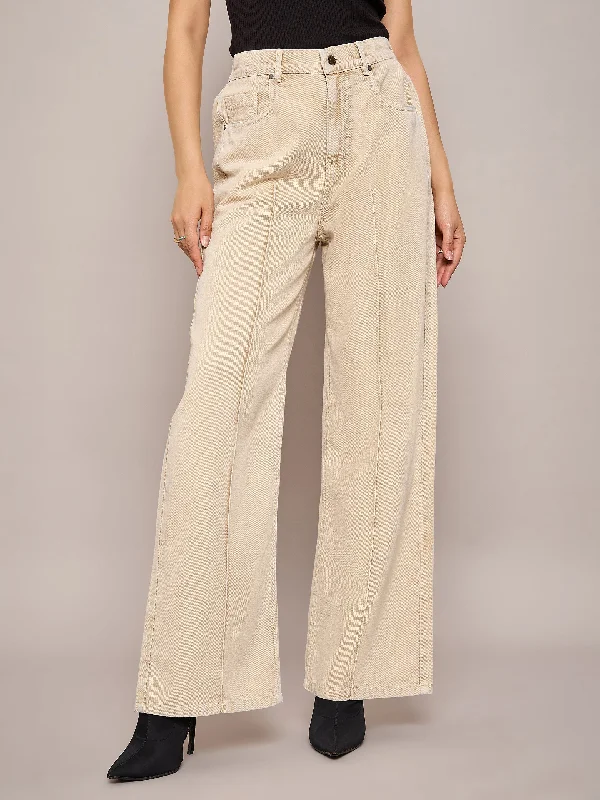 Versatile Items Personalized Design Women Beige Waist Front Dart Straight Jeans