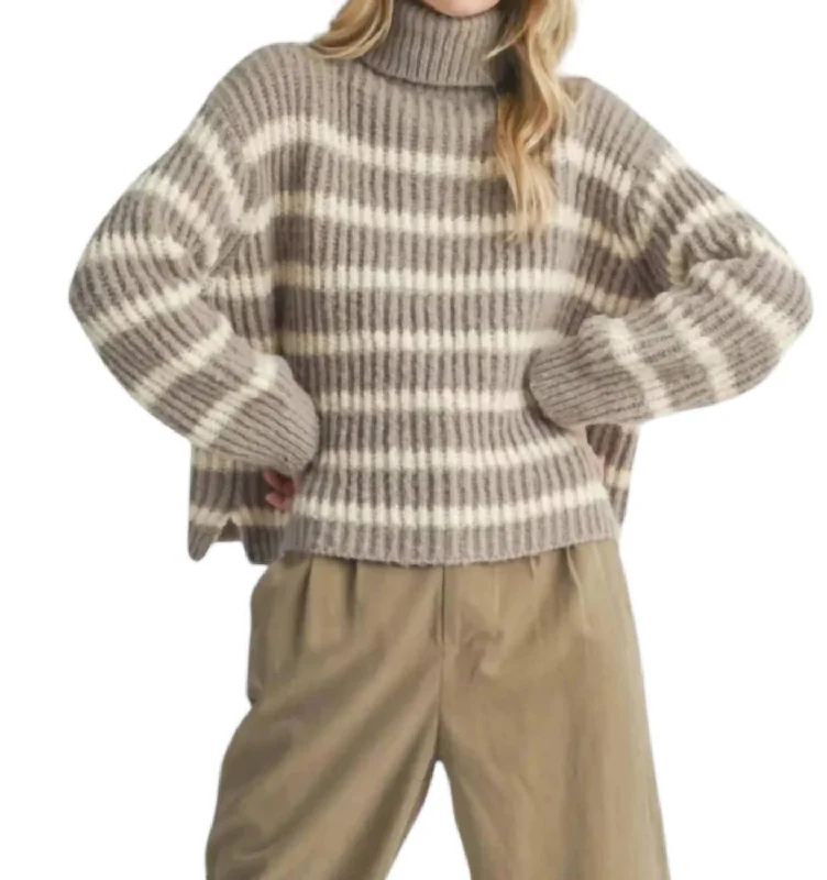 Fashionable Prints College Style Aki Turtleneck Fuzzy Knit Sweater In Moss Ivory