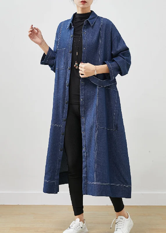 European Plan Elegant And Casual Bohemian Navy Oversized Pockets Denim Coat Spring
