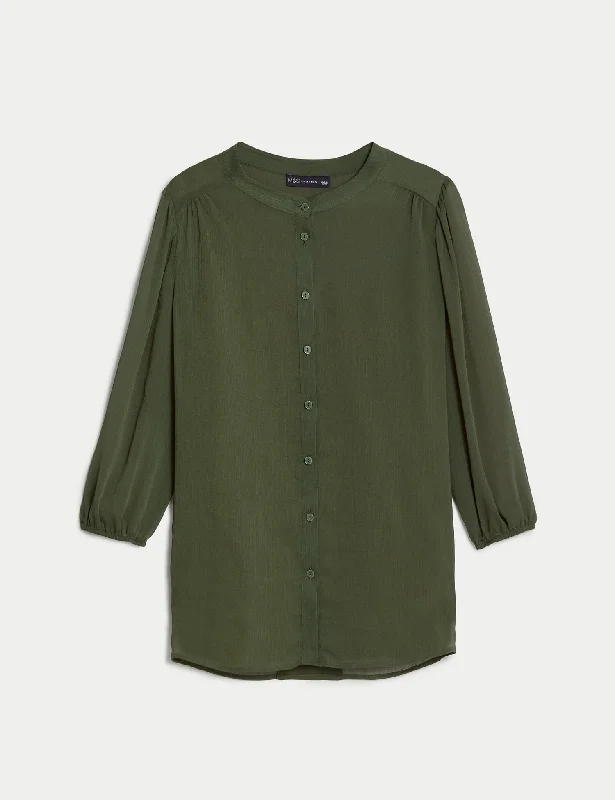 High Street Style Sports Fashion Crew Neck Button Through Blouse