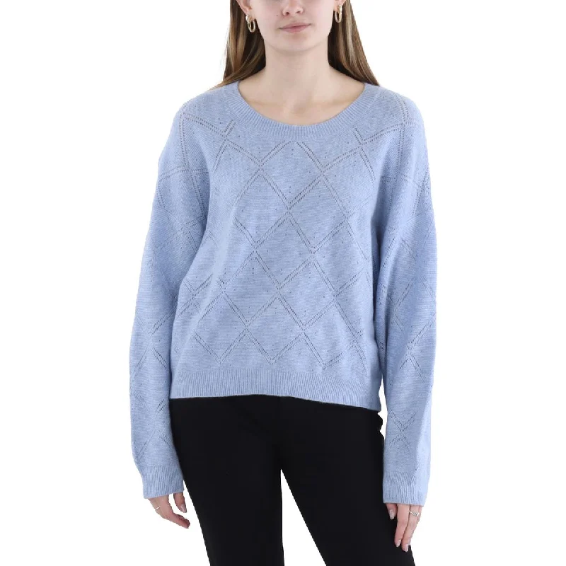 Sports Functional Style Womens Open Stitch Ribbed Trim Crewneck Sweater