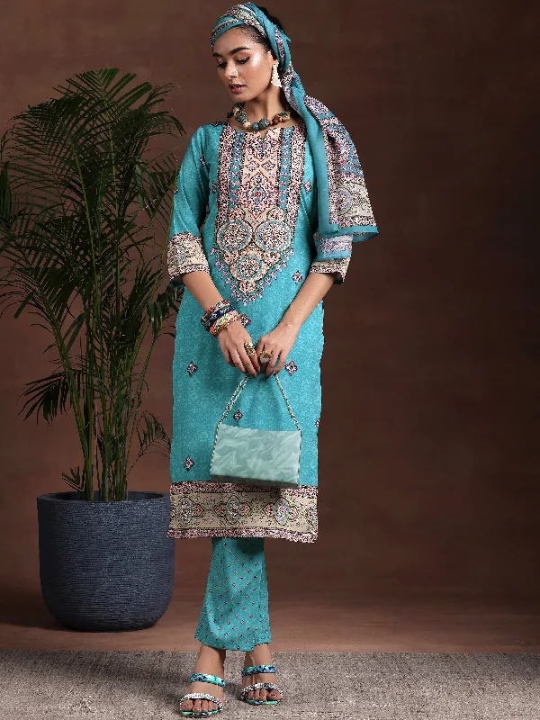 Comfortable down Blue Printed Poly Crepe Straight Suit With Dupatta