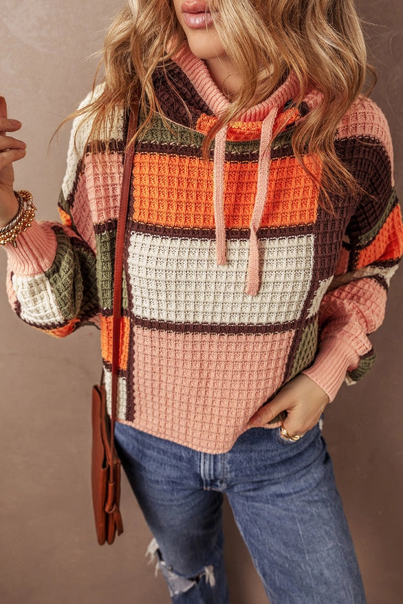 Comfortable Mind End Of The Year Women's Multi-Color Block Waffle Knit Sweater in Orange