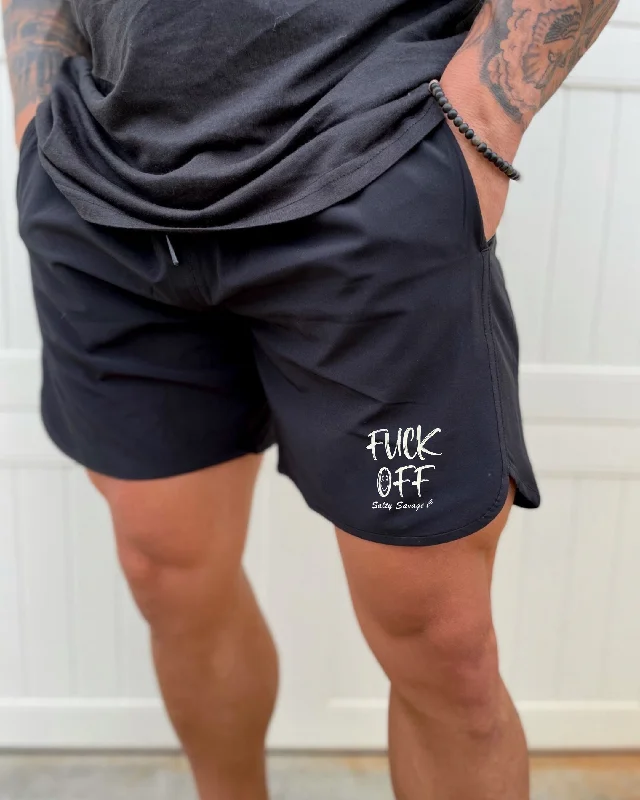 Fresh And Fashionable Youthful Street Fashion Salty Savage "Fuck Off" Wave Cut Hybrid Training Shorts | Black