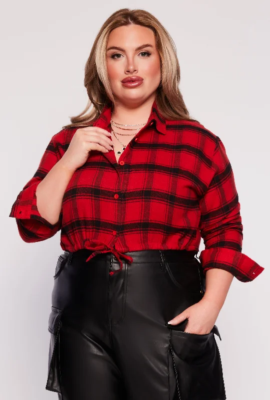 Black And White Style Plus Size Plaid Tie Hem Crop Top