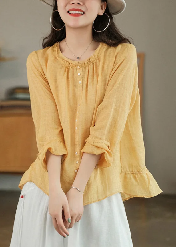 Street Sports Style Modern Yellow O-Neck Button Linen Shirt Tops Three Quarter sleeve