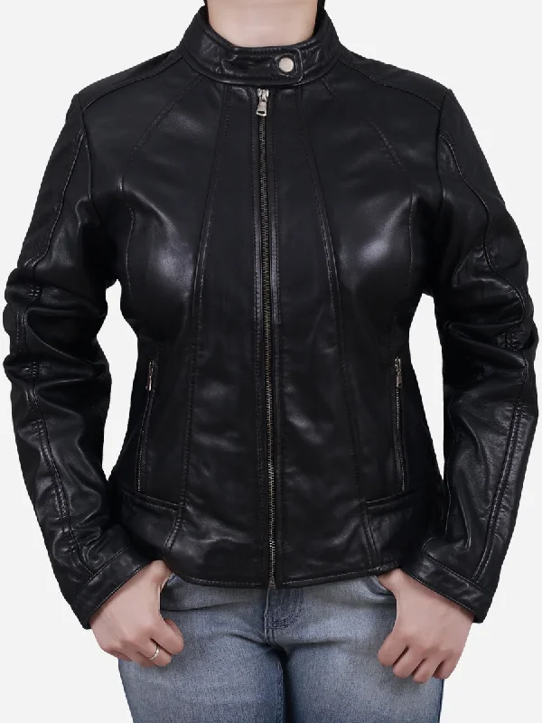British Style High-quality Fabrics Zaneta Women's Black Slim Fit Leather Jacket