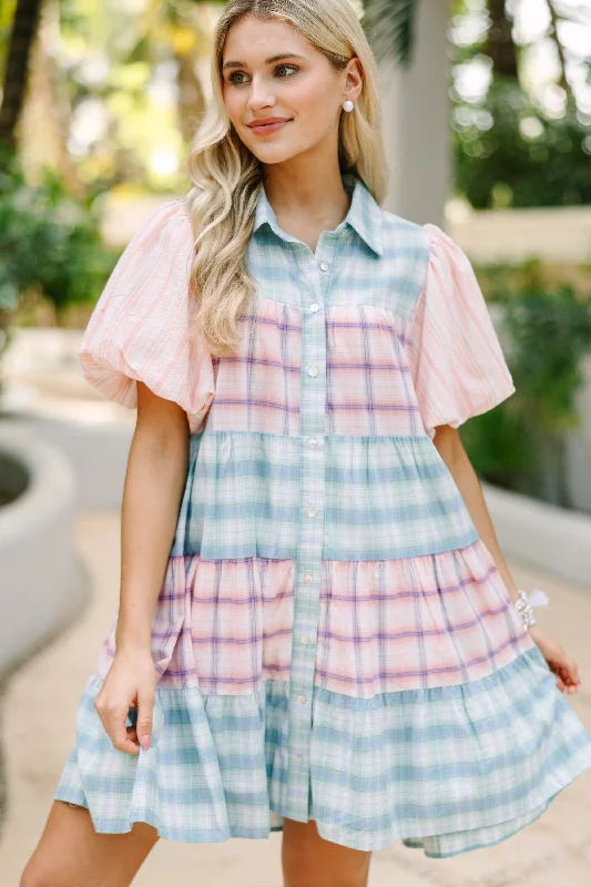 Luxury Style Spring Fashion Happy Place Blue & Pink Plaid Dress