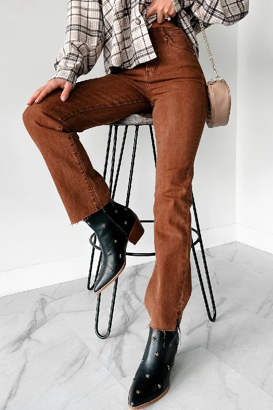 Exclusive Customization Bright Colors Nadine High Rise Raw Hem Straight Leg Risen Jeans (Espresso)