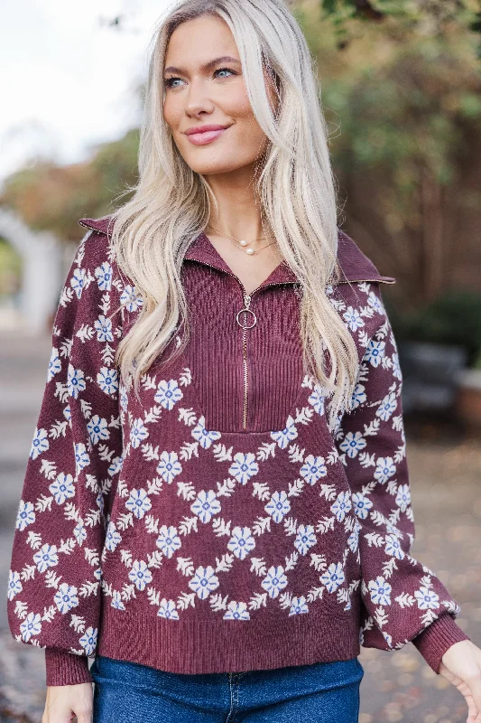Cute Design New Products Stay Together Brown Floral Half Zip Sweater