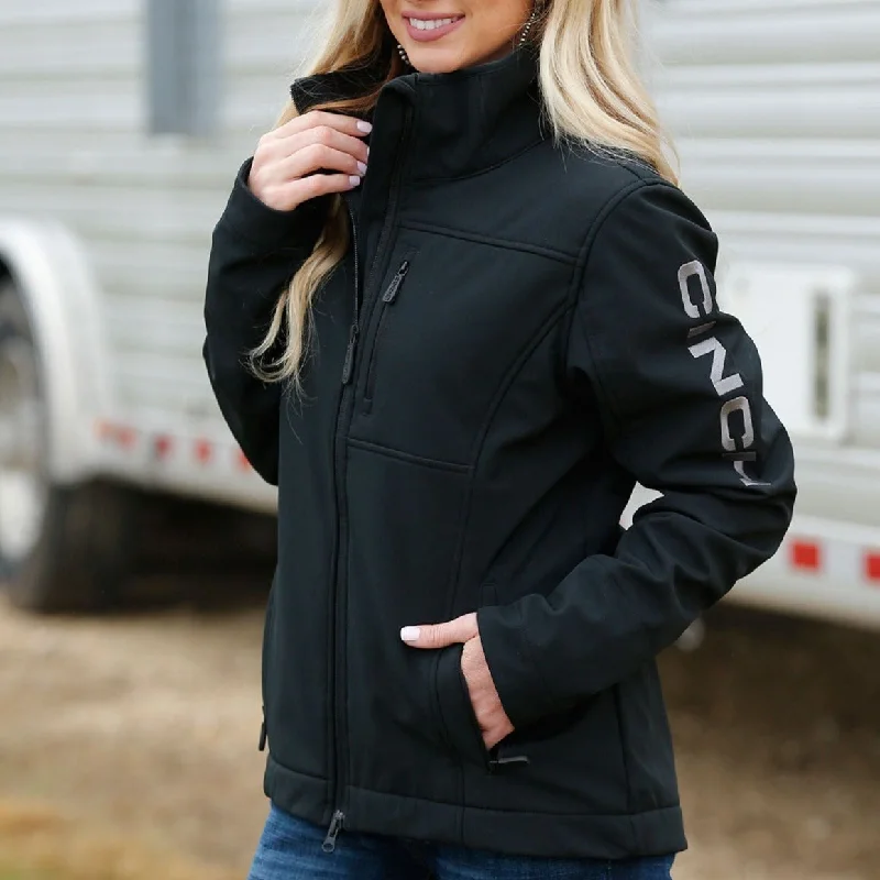 Multifunctional Style Elegant And Casual Cinch Women's Logo Sleeve Concealed Carry Bonded Jacket in Black