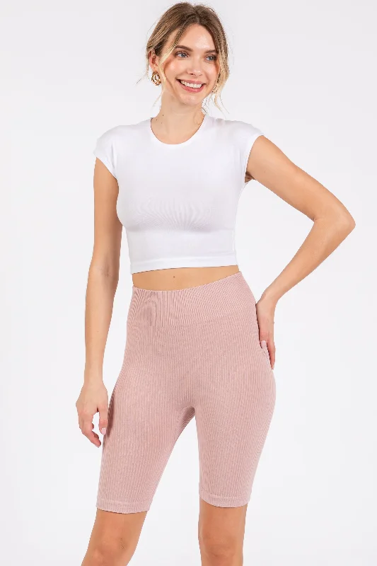 Unique Prints Thin Design Light Mauve Rib Knit Biker Shorts