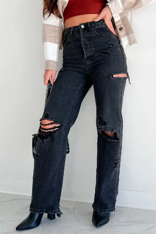 Trendy And Casual Advanced Customization Huntsville High Rise Destroyed Straight Leg Jeans (Washed Black)