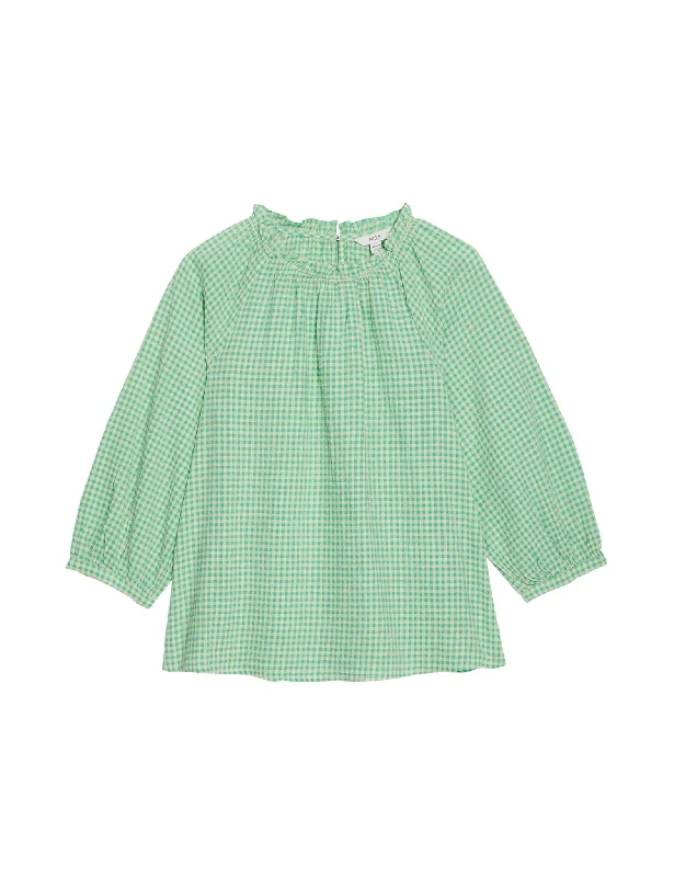 Basic Version Casual And Comfortable Pure Cotton Gingham Ruffle Blouse