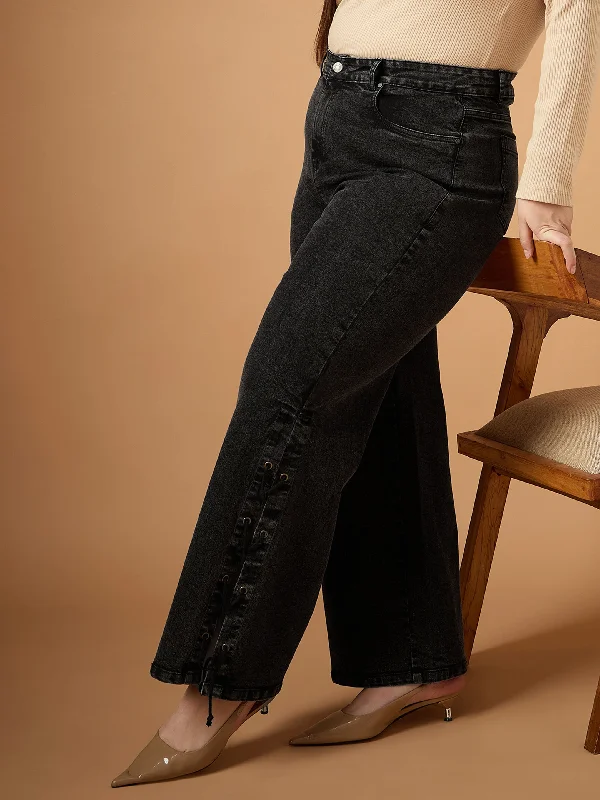 Classic Style French Retro Women Black Wash Side Knot Straight Fit Jeans