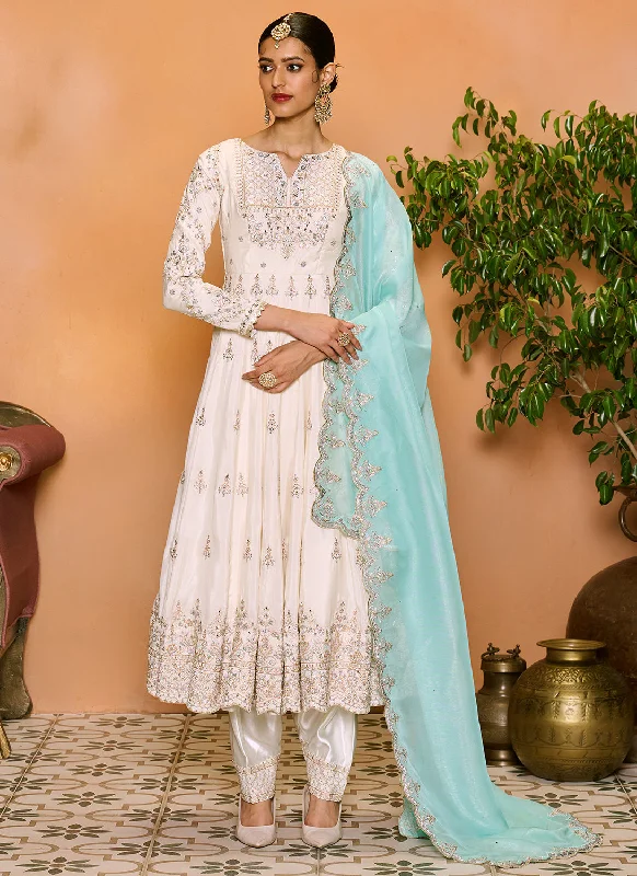 Luxury Style Celebrity Style Off White Embroidered Anarkali Style Punjabi Suit
