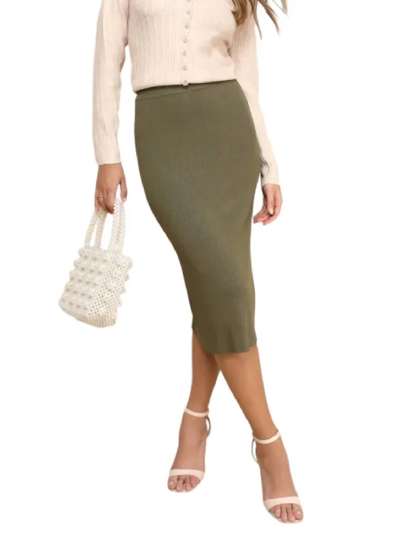 Sports And Leisure Simple Solid Color Thick Ribbed Midi Back Slit Sweater Skirt In Olive