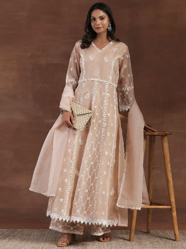 Amazing design Nude Embroidered Organza A-Line Kurta With Palazzos & Dupatta