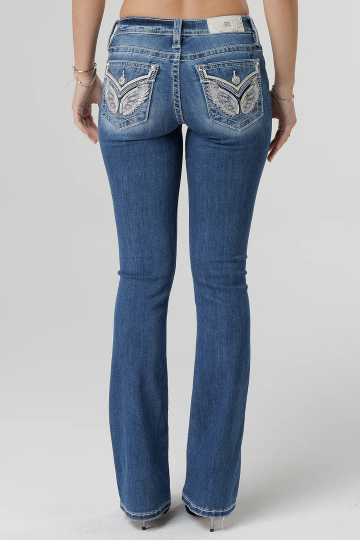 Floral Prints Elegant And Noble Miss Me Women's Mid Rise Boot Cut Jean, Blue