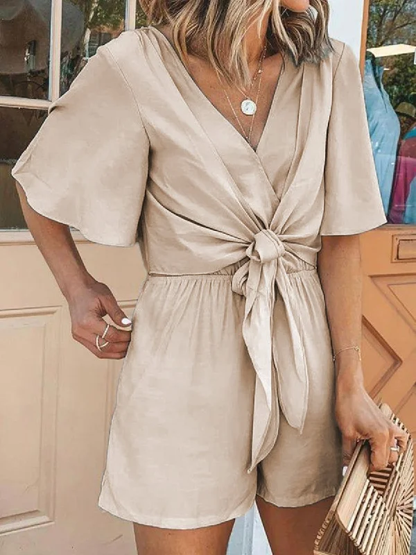 High Street Design Classic V-neck Solid Color Lace-up Jumpsuit