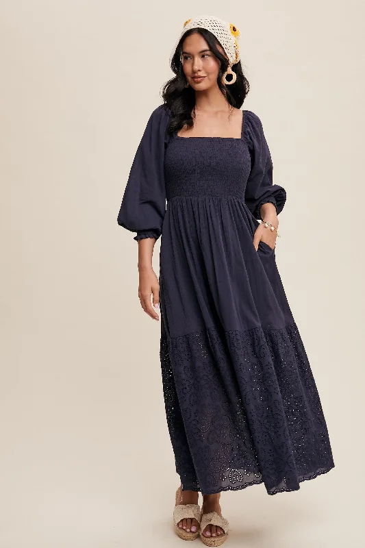 Printed pattern Navy Blue Smocked Eyelet Lace Hem Maxi Dress