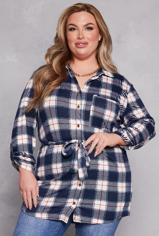 Creative Style Plus Size Plaid Tie Waist Belted Shirt