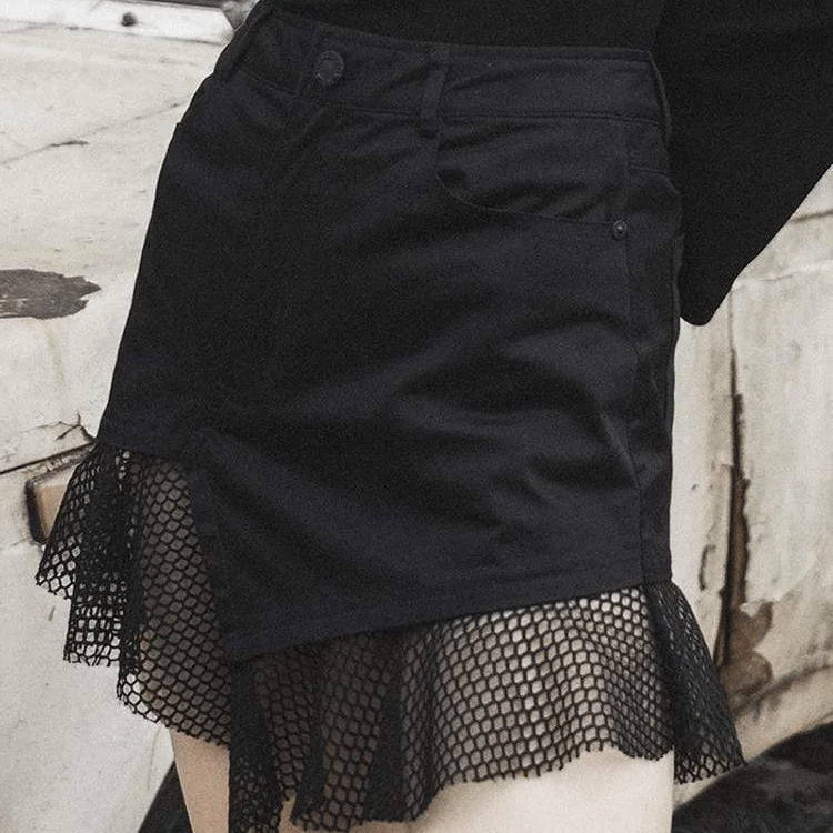 Retro Style Women's Goth Mesh Ruffles Black Mini Skirt