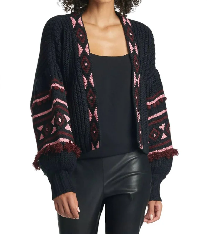 Style Design Landon Knit Cardigan In Black/burgundy/peony