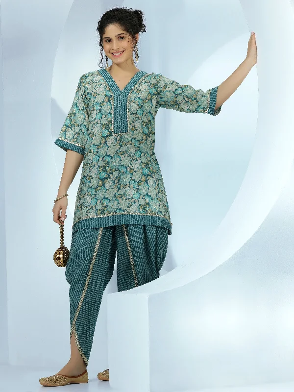 Design sense Blue Printed Silk Blend A-Line Kurta With Dhoti Pants