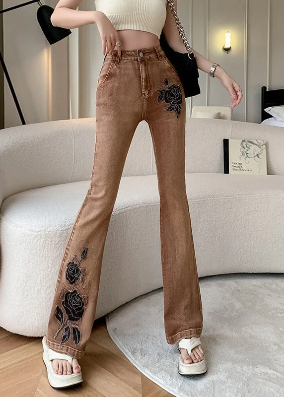 High Street Style Sports Fashion American Style Khaki Embroidered Pockets Denim Flare Bottoms Spring High Street Style Sports Fashion American Style Khaki Embroidered Pockets Denim Flare Bottoms Spring