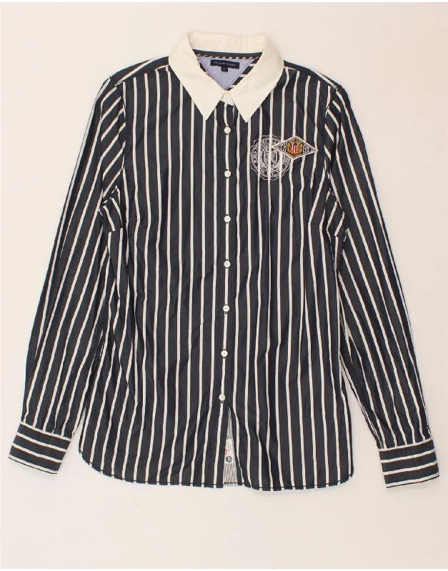 Retro Design Simple Solid Color TOMMY HILFIGER Womens Shirt US 10 Large Navy Blue Striped Cotton Retro Design Simple Solid Color TOMMY HILFIGER Womens Shirt US 10 Large Navy Blue Striped Cotton