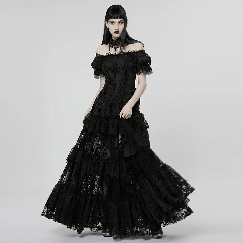 European Plan Women's Gothic Puff Sleeved Ruffles Lace Wedding Dress