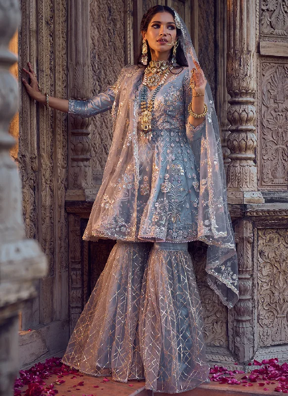 Minimal Classic Fashion Must-have Dusty Blue Embroidered Gharara Suit