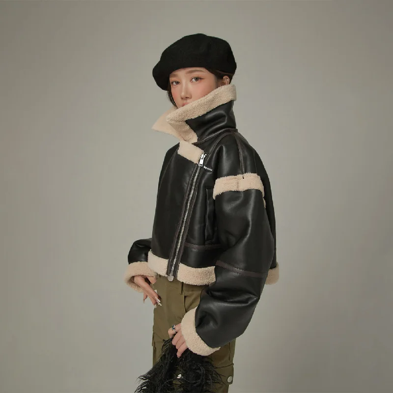 Romantic Data Noble And Elegant Collar Leather Crop Jacket