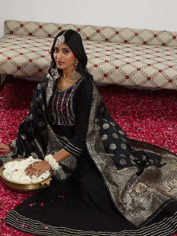 Artistic Temperament Free And Casual Black Yoke Design Rayon Anarkali Suit With Dupatta Artistic Temperament Free And Casual Black Yoke Design Rayon Anarkali Suit With Dupatta