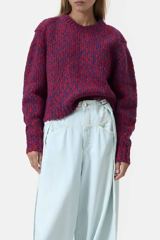 French Style Elegant Design Wool Blend Sweater In Chile Pepper Red And Blue
