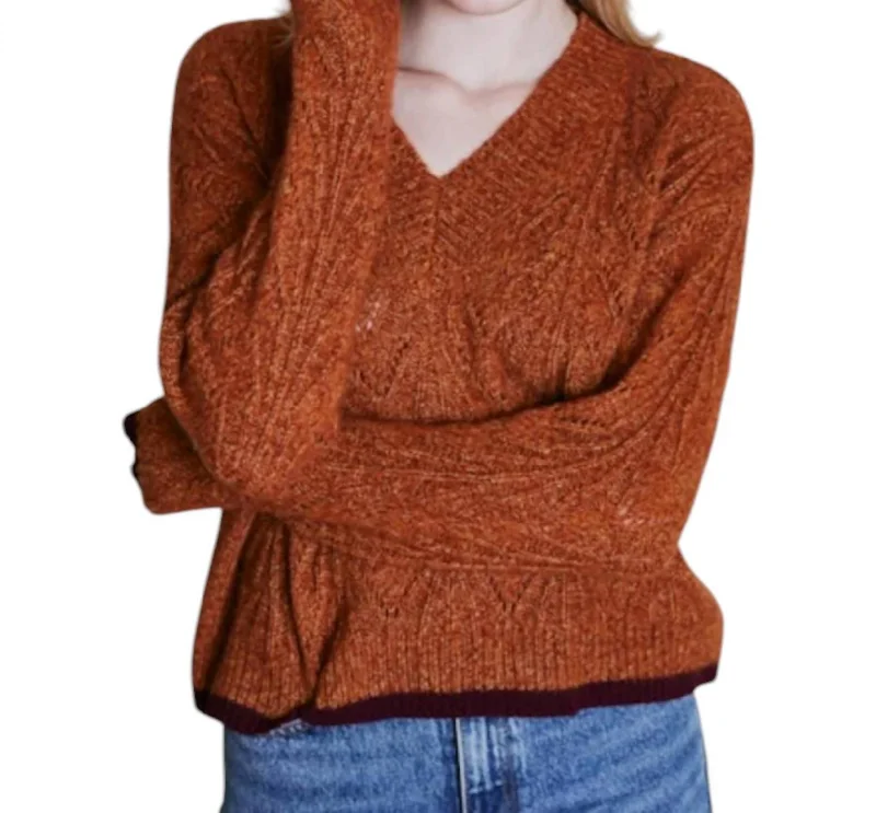 Innovative Design Boxy Shell Stitch Tipped V-Neck Sweater In Rust