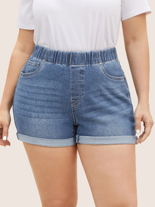 Personalized Series Youthful Dark Wash Elastic Waist Roll Hem Denim Shorts