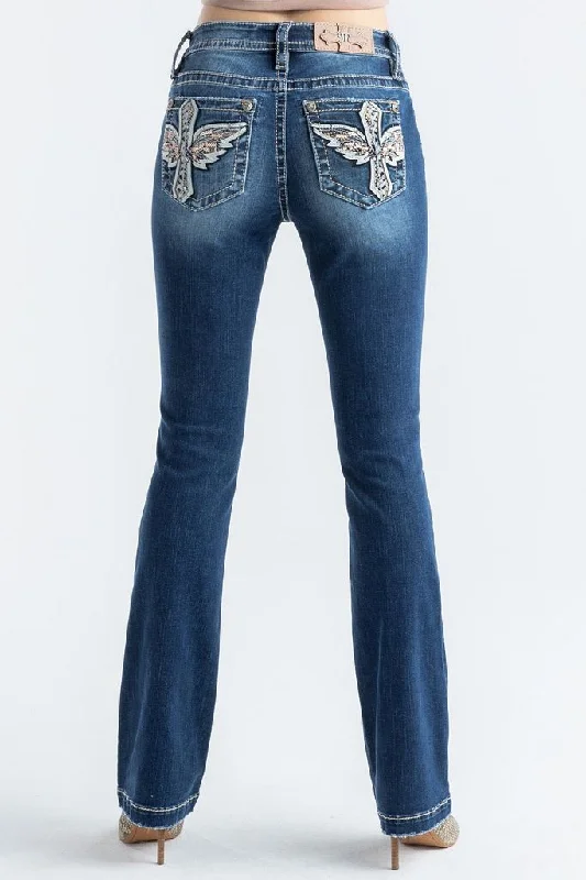 Cute Design Simple Matching Miss Me Women's Mid Rise Boot Cut Jean, Blue