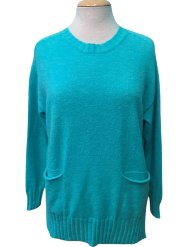 Noble And Elegant Fashion Style Women's Crew Neck Pocket Knit Sweater In Peacock