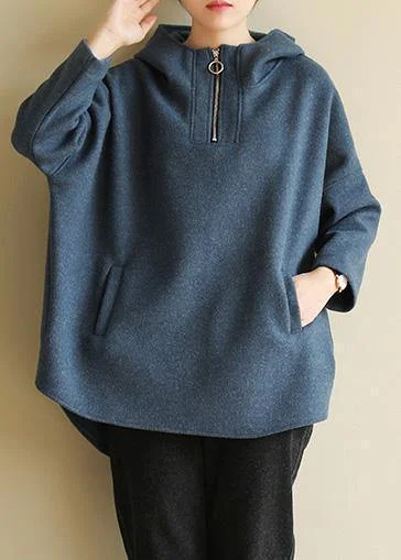 Fresh And Capable Lazy Home Italian blue cotton tunic pattern zippered loose hooded blouses Fresh And Capable Lazy Home Italian blue cotton tunic pattern zippered loose hooded blouses