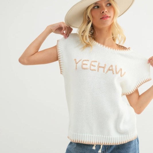 Bright Colors Diamond Series Women's "Yeehaw" Wordy Contrast Sweater in Cream