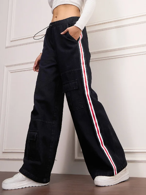 Feminine Charm Slim Fit Women Black Denim Side Tape Cargo Jeans