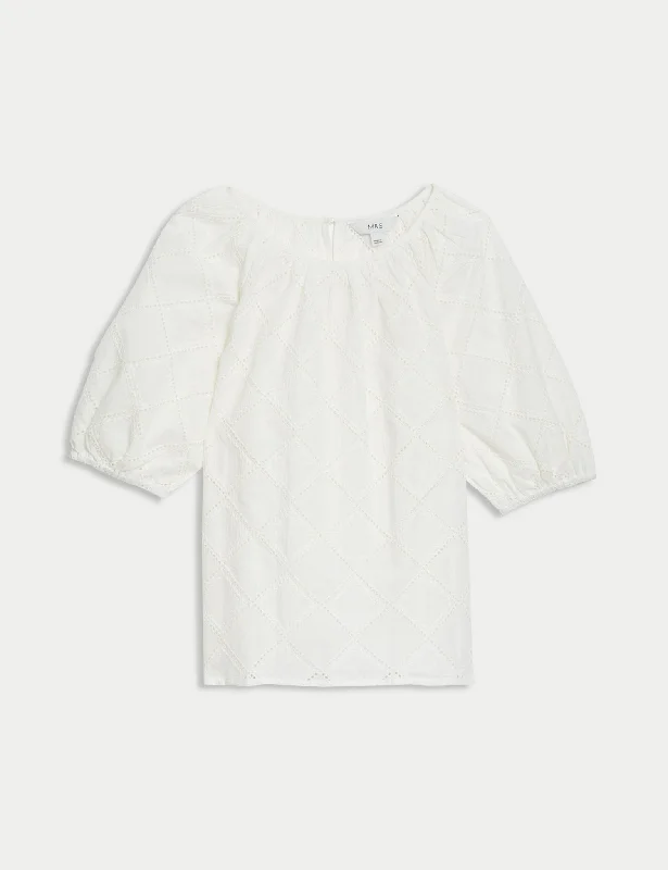 Sports And Leisure Ethnic Style Pure Cotton Broderie Puff Sleeve Blouse