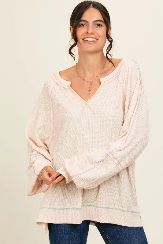 Leisure Travel Cream Split Neck Oversized Long Sleeve Top