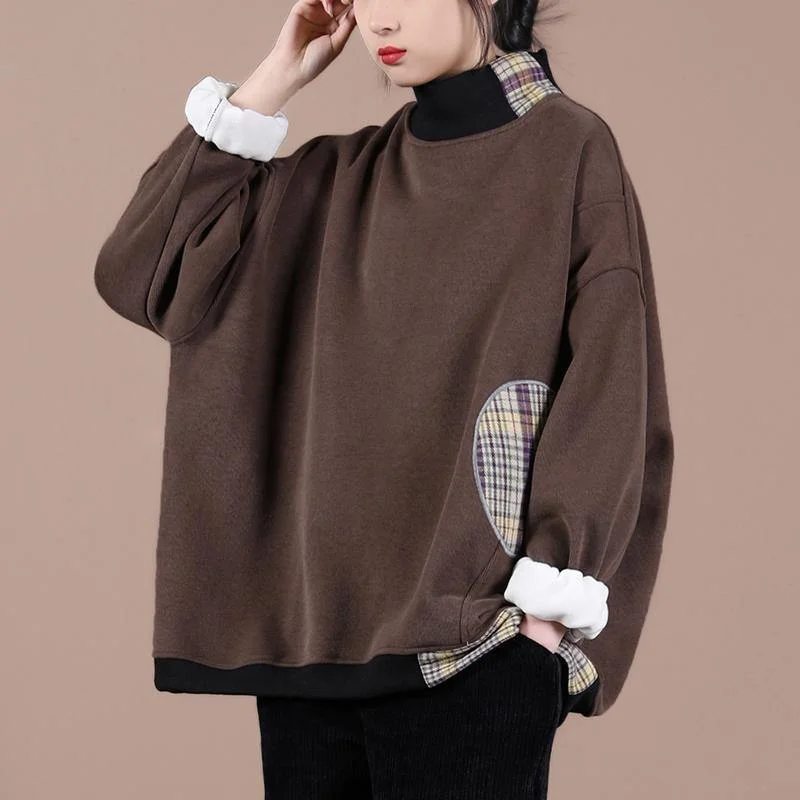 Advanced Customization Natural chocolate patchwork plaid clothes For Women high neck oversized spring shirt