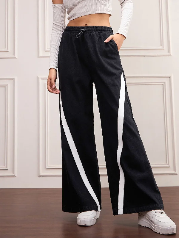 New Autumn And Winter Styles Sports Design Women Black Denim Contrast Tape Detail Jeans