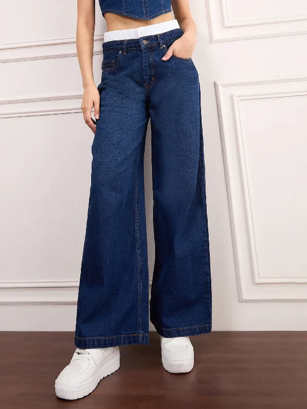 European Plan Designer Style Women Navy Blue Double Waistband Jeans